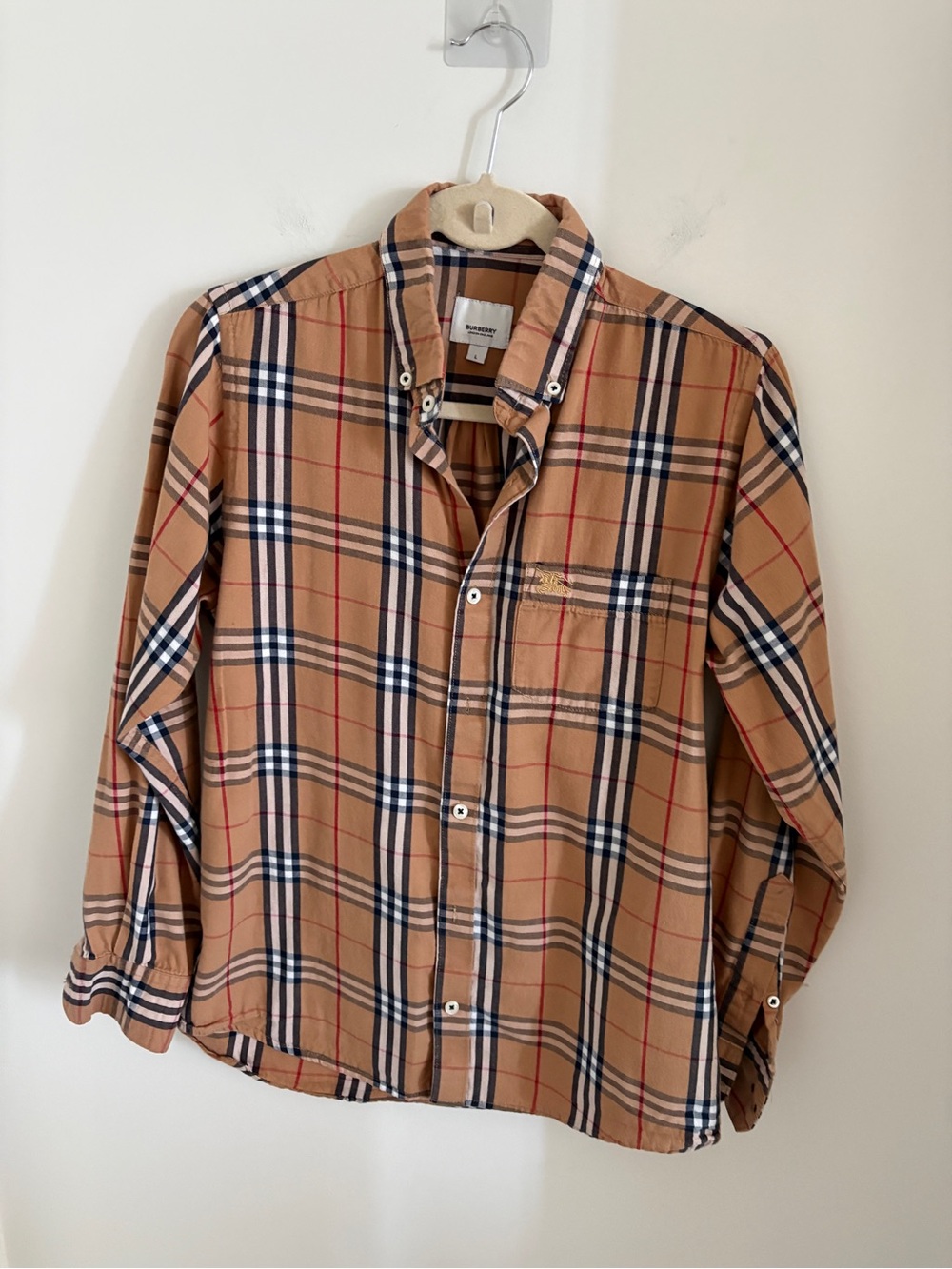 Burberry Tan Plaid Button-Down Shirt with Black & Red Accents Size L